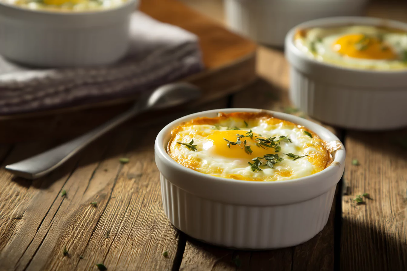 Baked cottage cheese eggs recipe in white ramekins