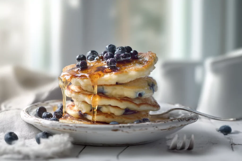 stack of blueberry cottage cheese pancakes with maple syrup and blueberries