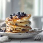 stack of blueberry cottage cheese pancakes with maple syrup and blueberries