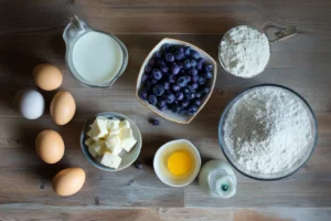 ingredients for blueberry cottage cheese pancakes on wooden counter