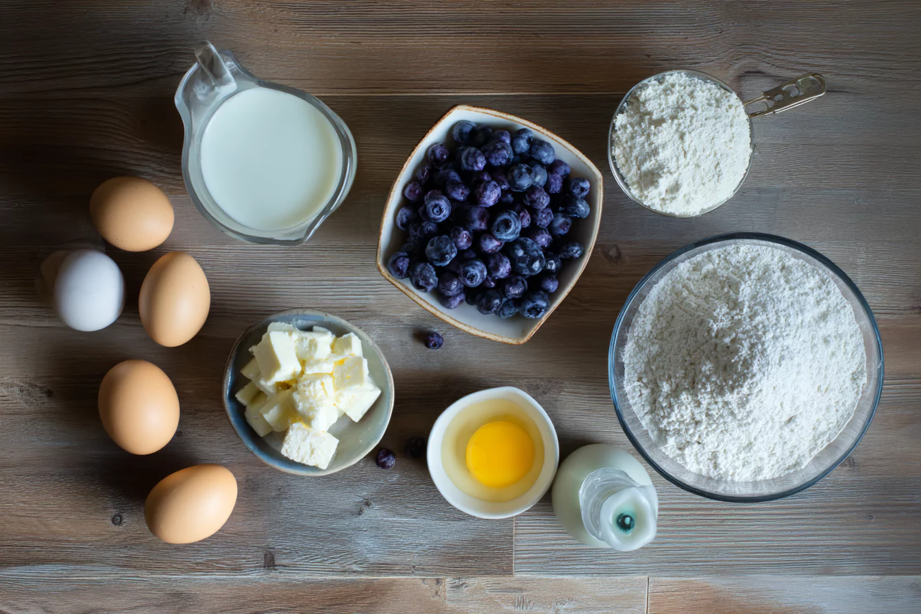 blueberry-cottage-cheese-pancakes-ingredients ingredients for blueberry cottage cheese pancakes on wooden counter