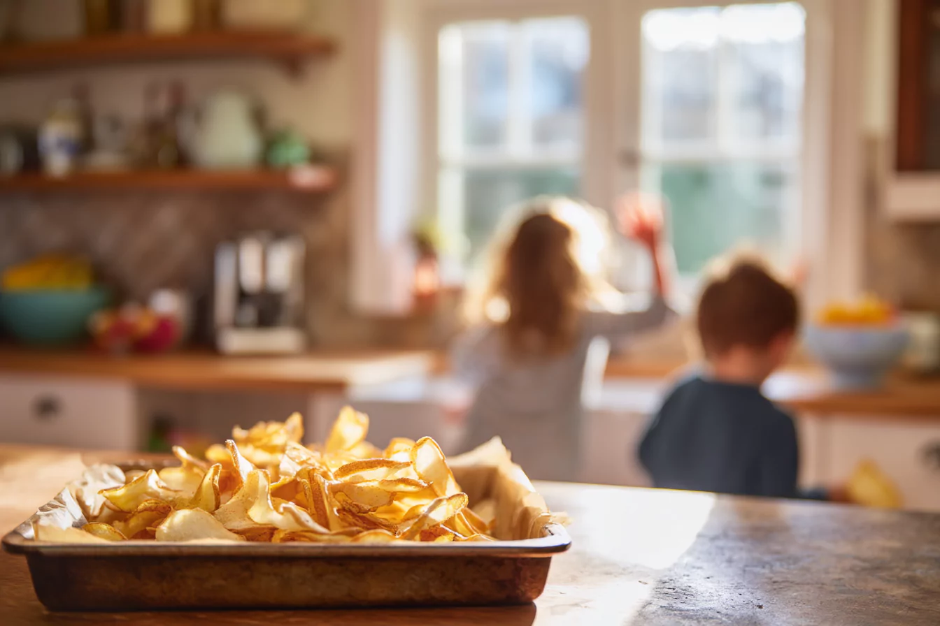 cottage-cheese-chip-craze-story Fresh cottage cheese chips in a warm family kitchen