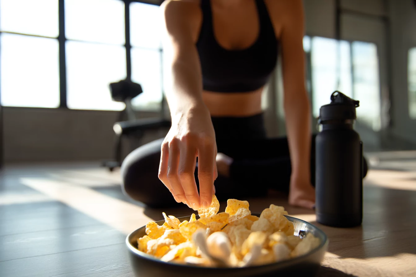 cottage-cheese-chip-fitness Fitness fan reaching for cottage cheese chips after workout