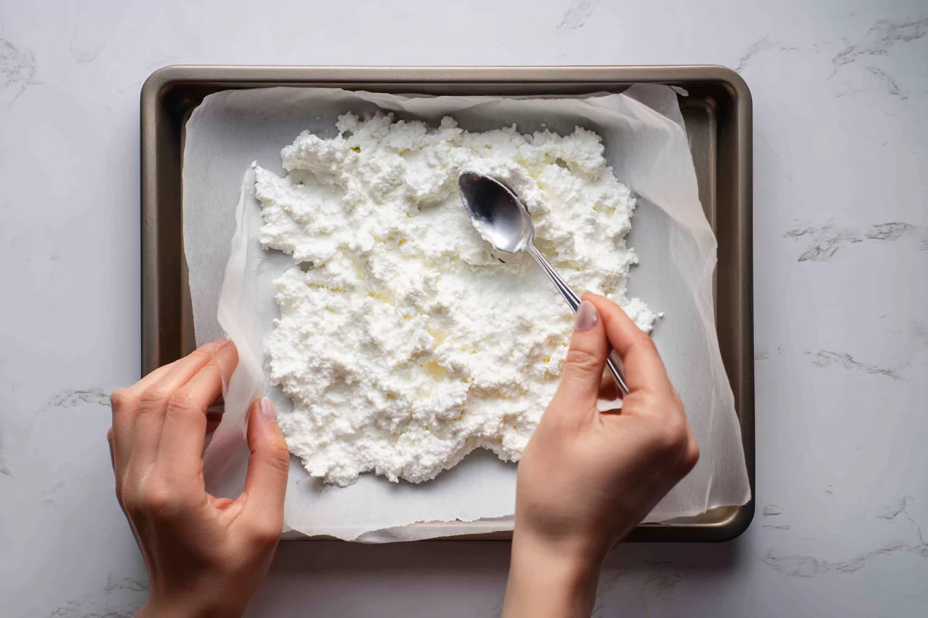 cottage-cheese-chip-method Spreading cottage cheese on tray for baking chips