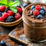 Creamy cottage cheese chocolate mousse topped with berries – healthy dessert