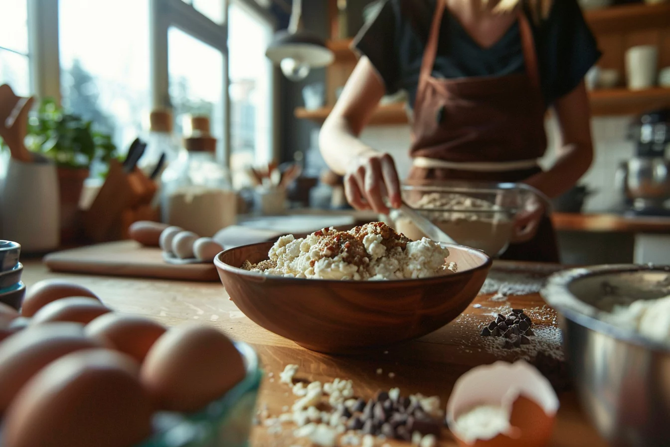 cottage-cheese-keto-chocolate-chip-muffins-prep Woman preparing cottage cheese keto chocolate chip muffins in a rustic kitchen