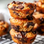 Stack of cottage cheese keto chocolate chip muffins on a cooling rack