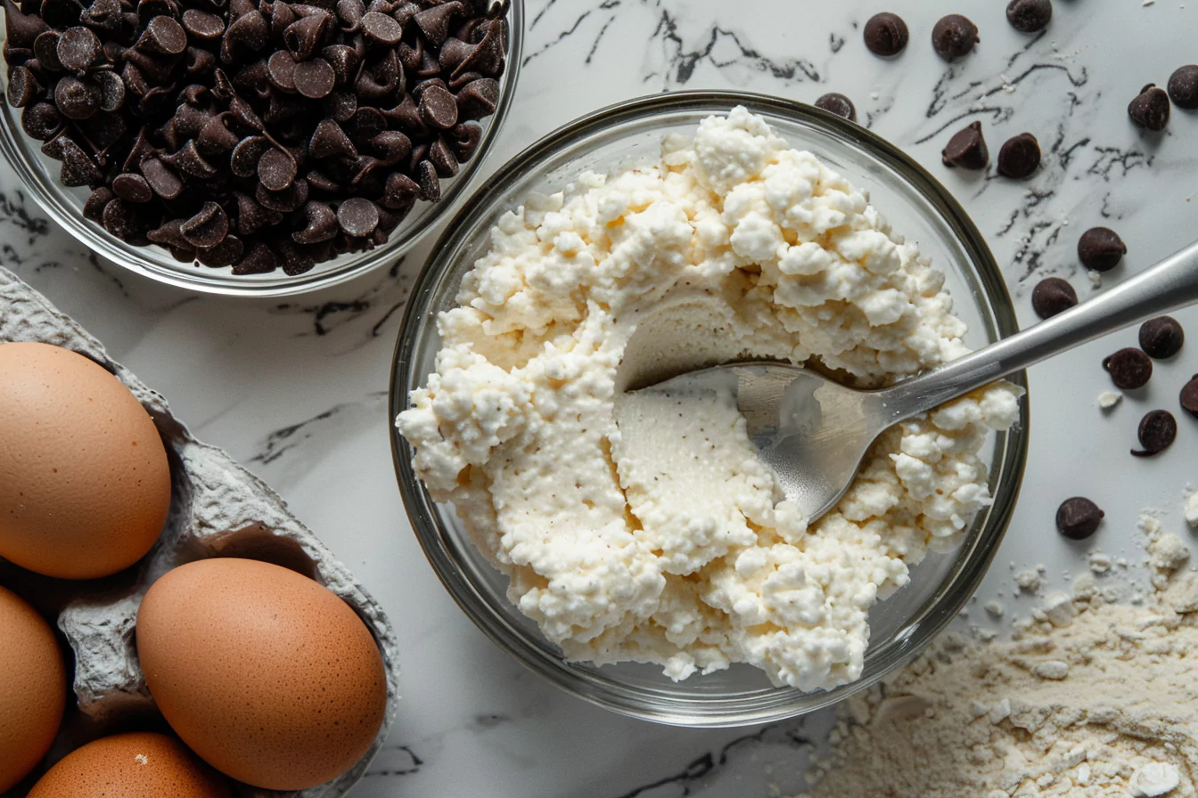 cottage-cheese-keto-muffin-ingredients Blended cottage cheese with keto muffin ingredients on a marble counter