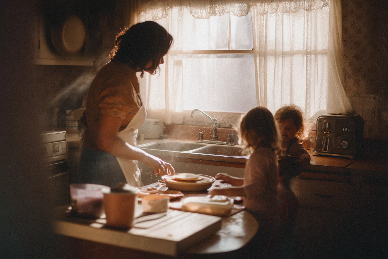 family-morning-keto-cooking mother making pancakes in sunlit kitchen while kids play