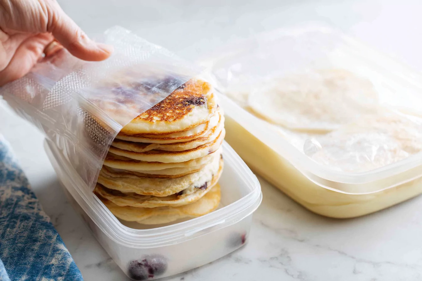 freezing-blueberry-cottage-cheese-pancakes freezing blueberry cottage cheese pancakes with wax paper in a container