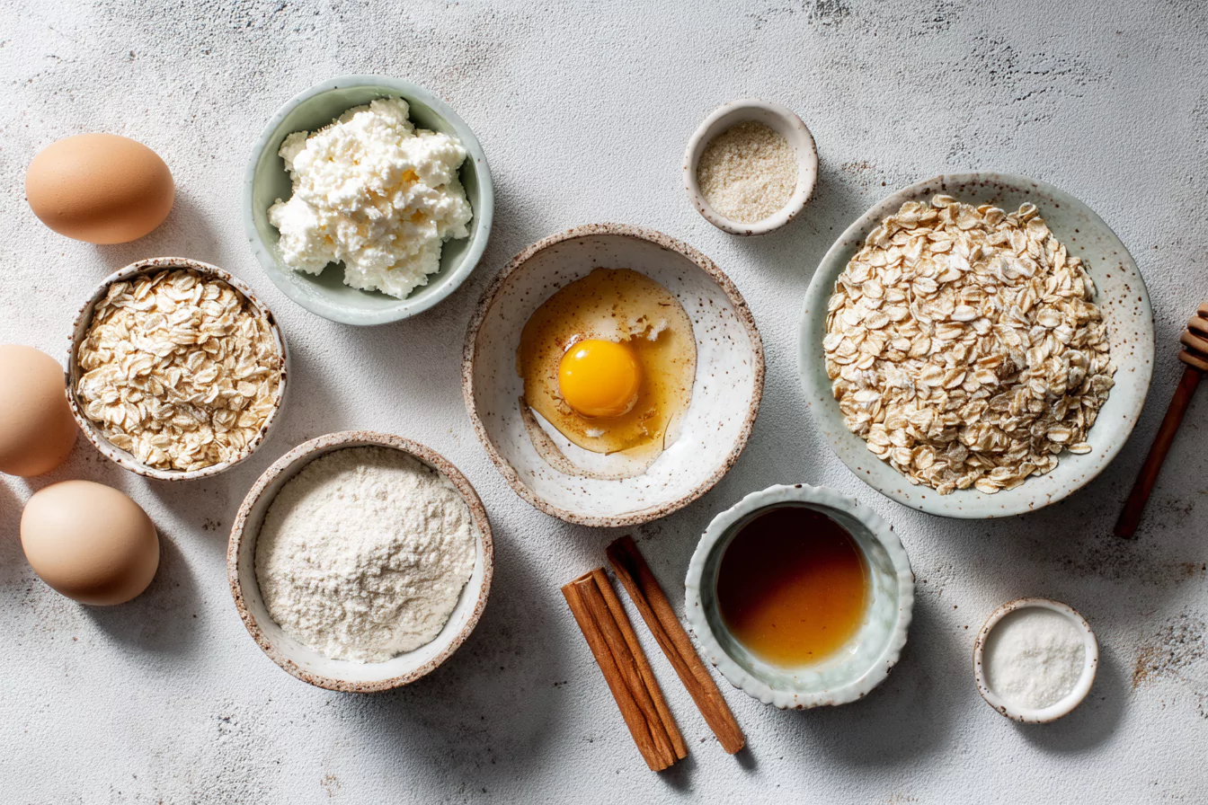 healthy-oat-cottage-cheese-pancake-ingredients Healthy ingredients for oat and cottage cheese pancakes arranged on a rustic counter