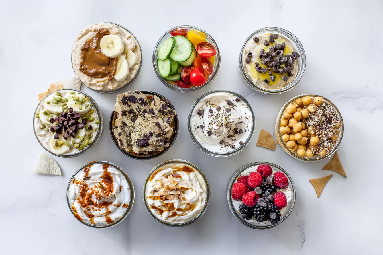 high-protein-yogurt-snacks-creative-ideas Sweet and savory high protein yogurt snack ideas in small bowls and jars