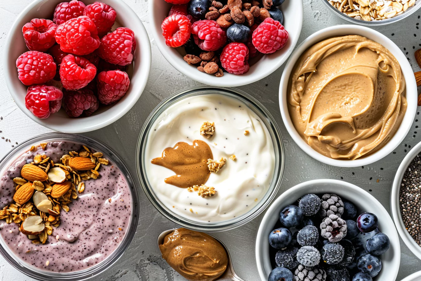 high-protein-yogurt-snacks-protein-powerhouse High protein yogurts with toppings like chia seeds, berries, and peanut butter