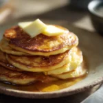 keto cottage cheese pancakes with butter and syrup on rustic plate