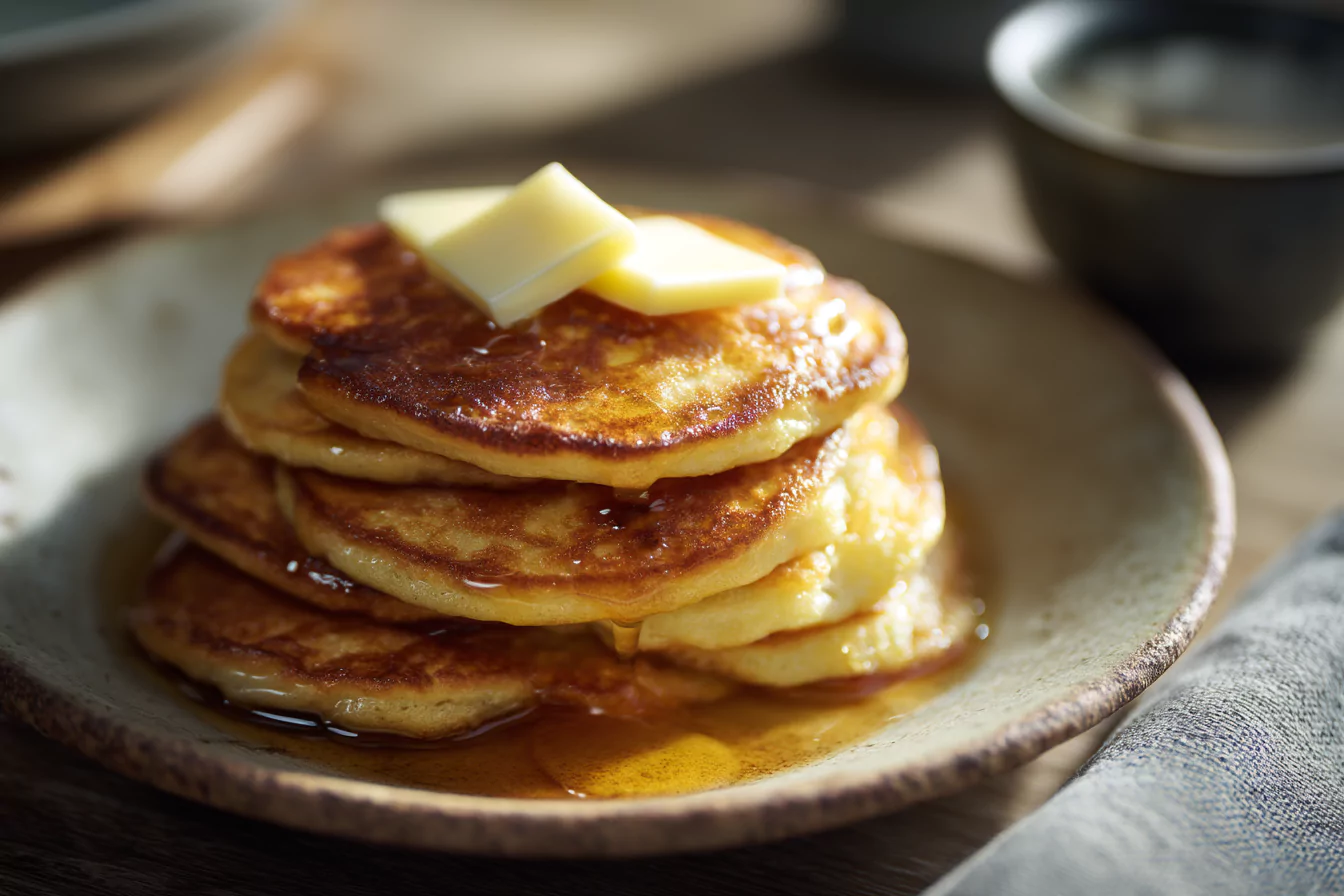 keto cottage cheese pancakes with butter and syrup on rustic plate