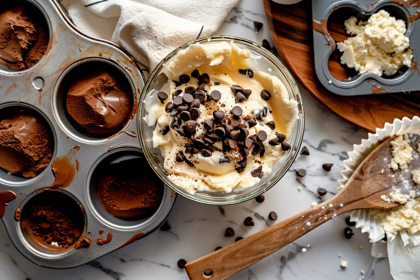 making-cottage-cheese-keto-chocolate-chip-muffins Step-by-step process of making cottage cheese keto chocolate chip muffins