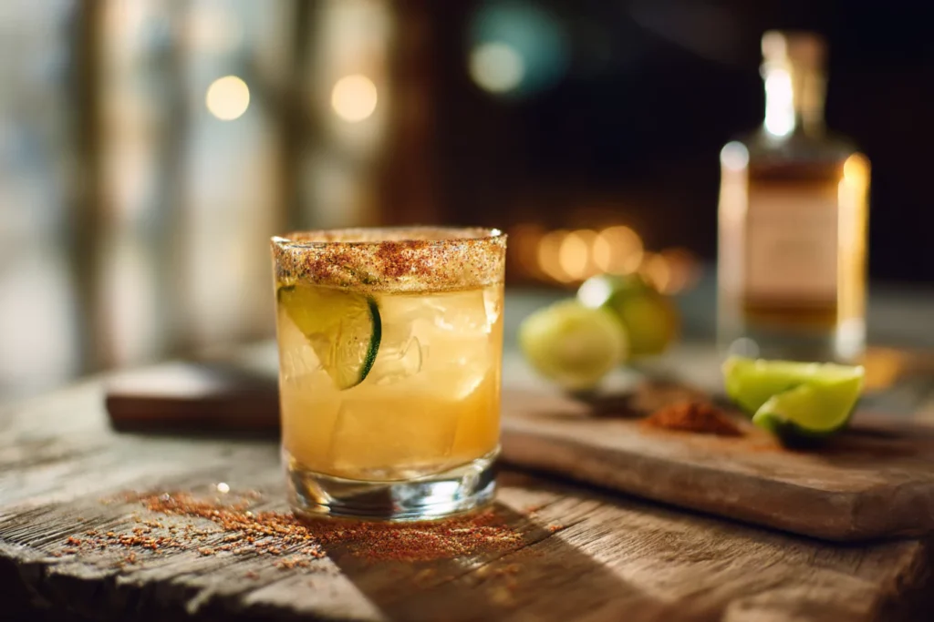 Smoky mezcalita cocktail with Tajín rim and lime garnish on rustic wooden table
