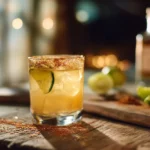 Smoky mezcalita cocktail with Tajín rim and lime garnish on rustic wooden table