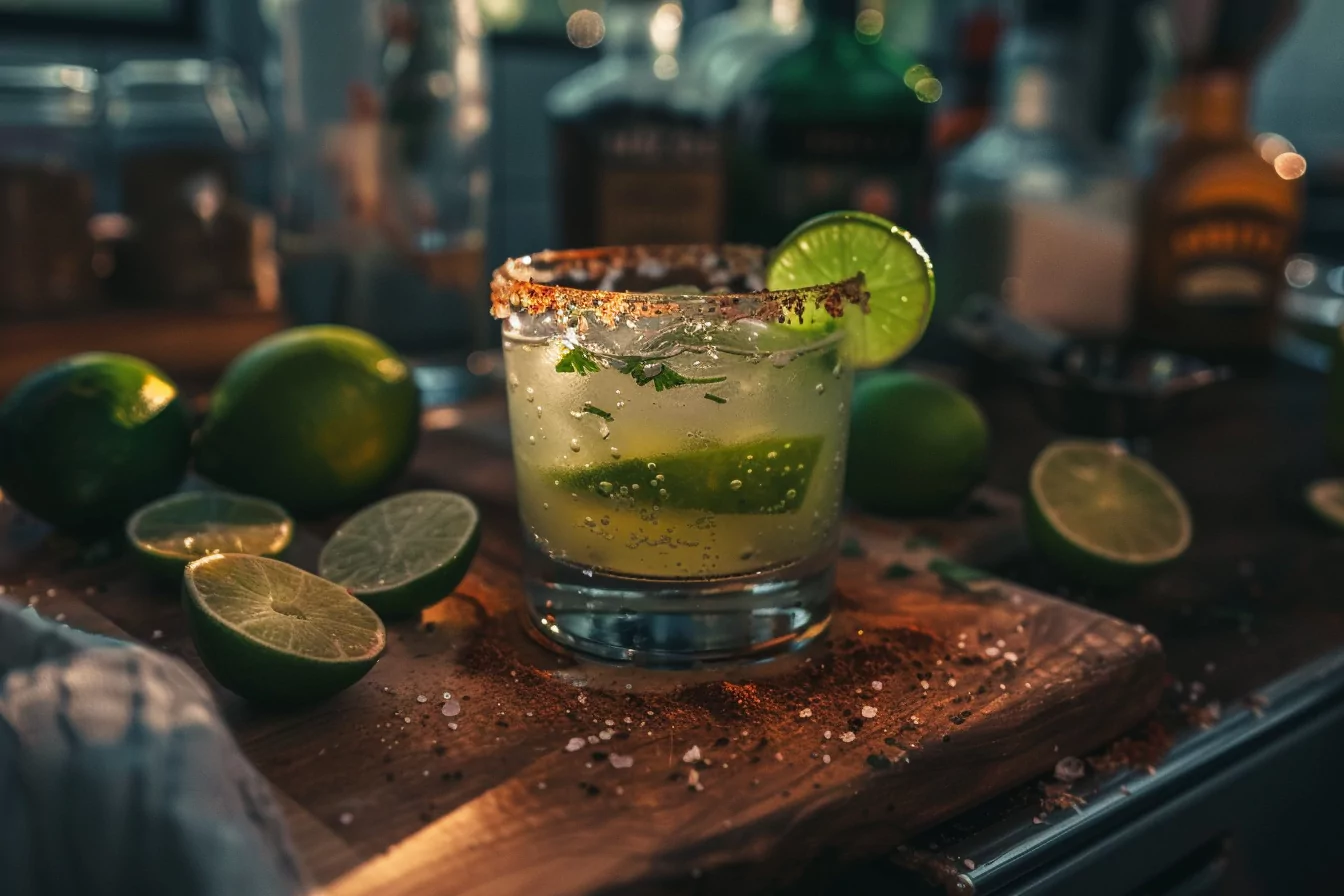 mezcalita-smoke-citrus Homemade mezcalita cocktail with lime wedge and chili rim on a wooden counter