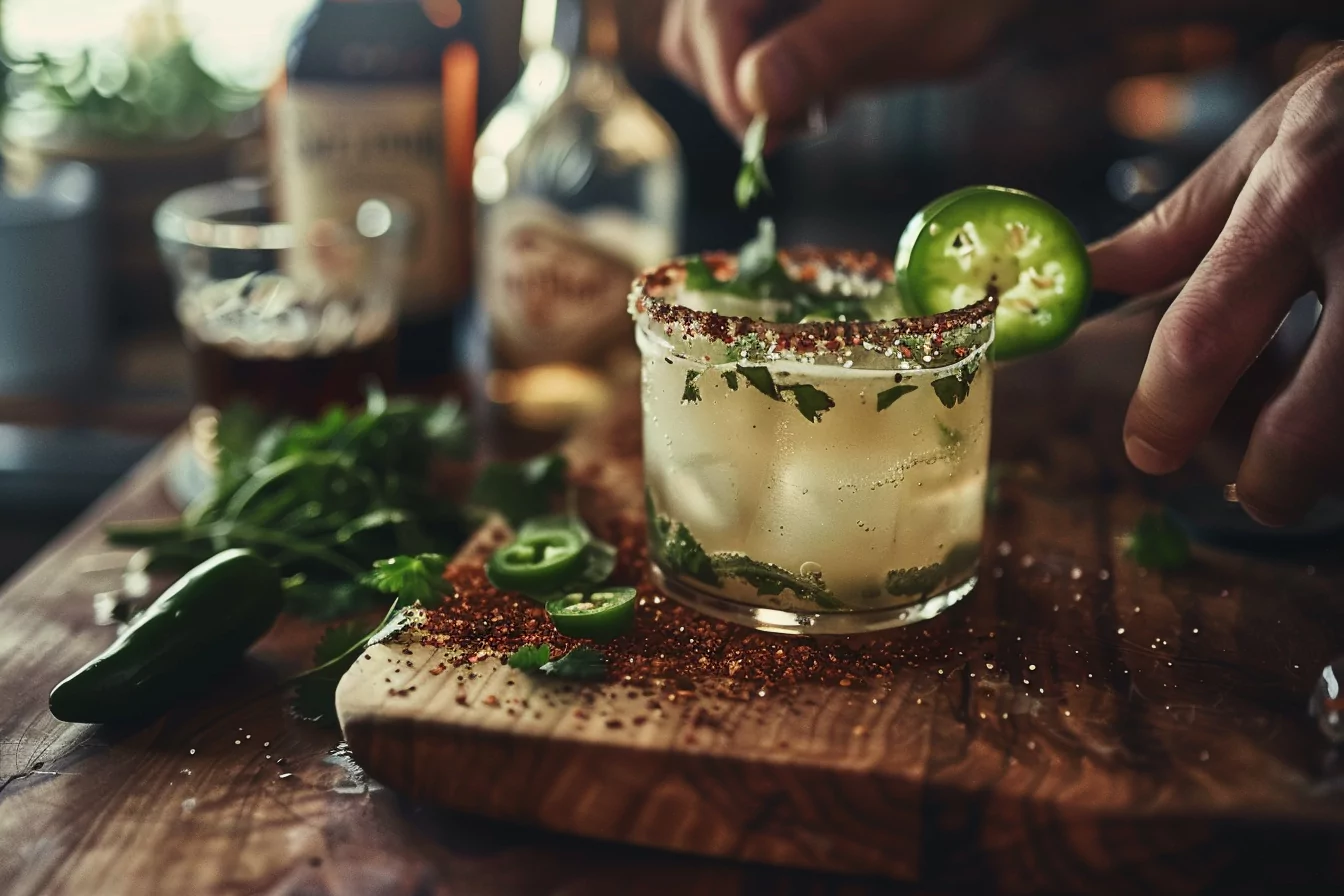 mezcalita-tips-jalapeno Homemade mezcalita being garnished with jalapeño slice in a kitchen setting