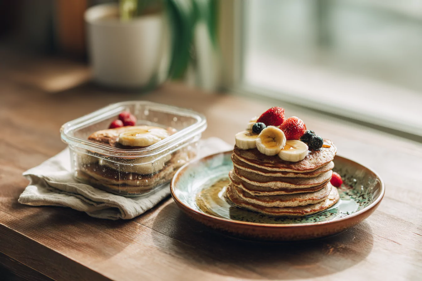 oat-cottage-cheese-pancakes-serving-storage Oat and cottage cheese pancakes served with fruit and meal-prepped in a storage container