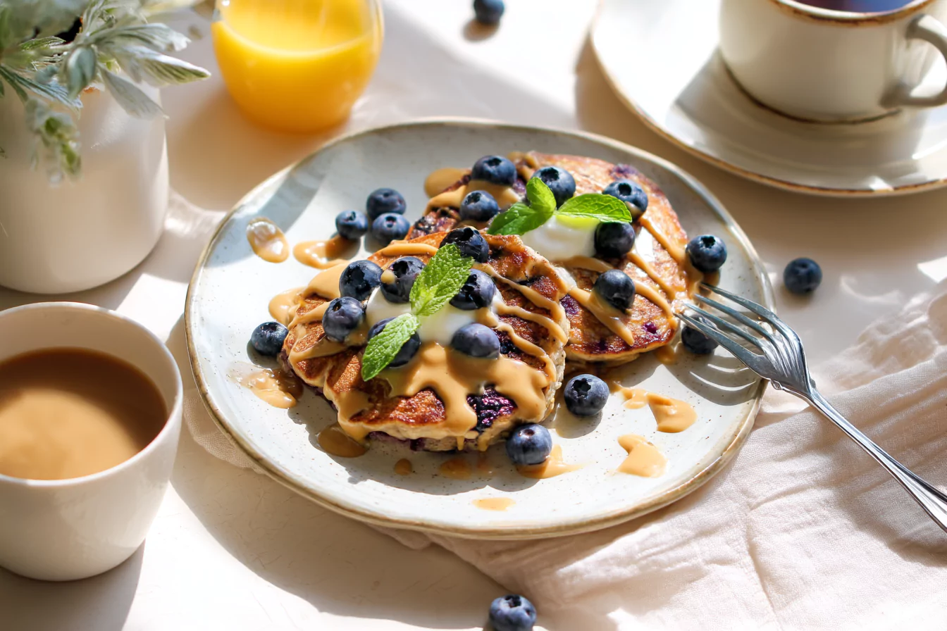 served-blueberry-cottage-cheese-pancakes served blueberry cottage cheese pancakes with almond butter, yogurt, and berries