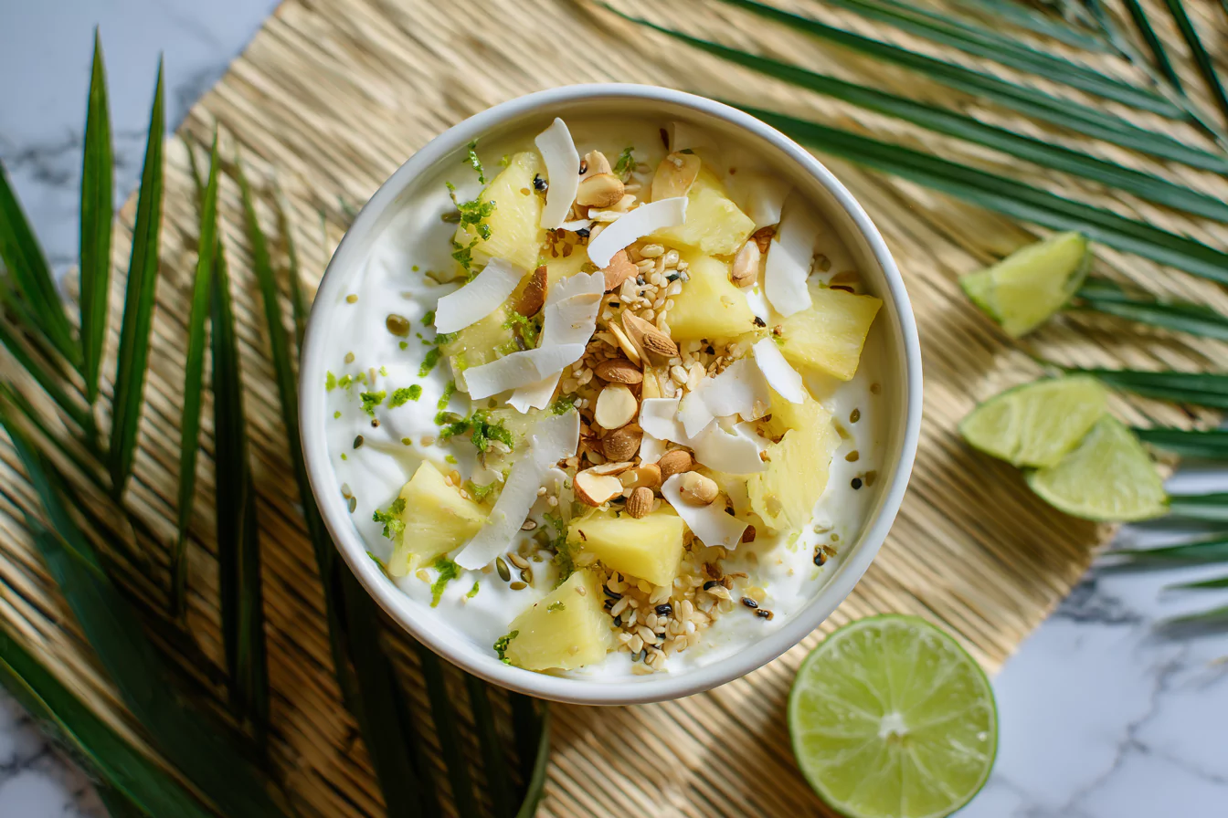 tropical-protein-paradise-bowl Tropical yogurt bowl with pineapple, coconut flakes, almonds, and hemp seeds.