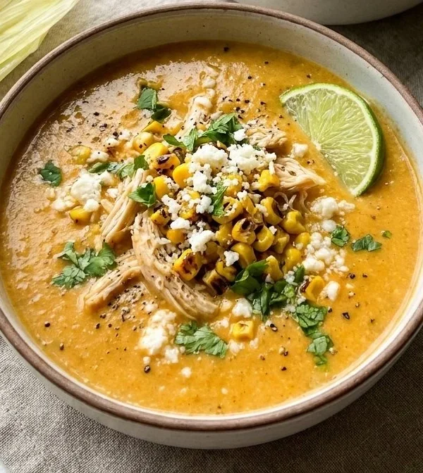 Delicious bowl of Crockpot Mexican Street Corn Soup with fresh ingredients